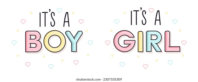 It's a boy and It's a girl newborn baby gender reveal vector graphic elements with text in pink, yellow and blue color tones and cute minimal linear graphic elements in the background