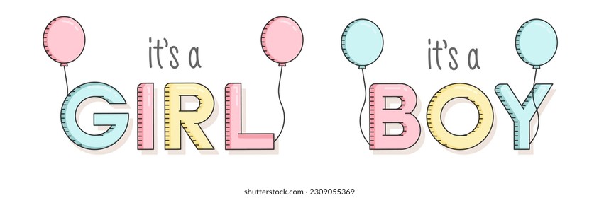 It's a boy and It's a girl newborn baby gender reveal vector graphic elements with text and balloons in pink, yellow and blue color tones