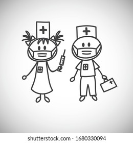 boy and girl in nurse uniform and medical mask