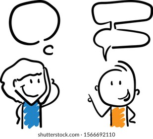 Boy and Girl office worker talking with speech bubbles. Conversation and discussing holidays new year. Doodle style vector illustration object isolated hand draw. Line art cartoon design character