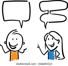 Boy and Girl office worker talking with speech bubbles. Conversation and discussing holidays new year. Doodle style vector illustration object isolated hand draw. Line art cartoon design character