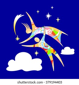Boy and girl on a background of blue sky and white clouds