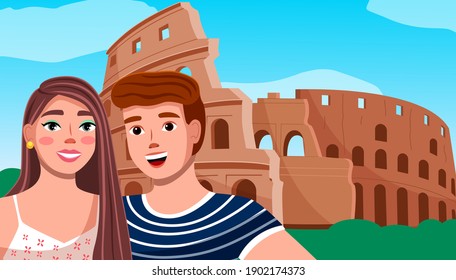 Boy and girl on the background of the coliseum. Young couple travel italy, visit architectural monuments. Happy smiling tourists man and woman stand near historical landmark of italy amphitheater
