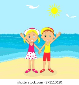 boy and girl on a beach,illustration,vector