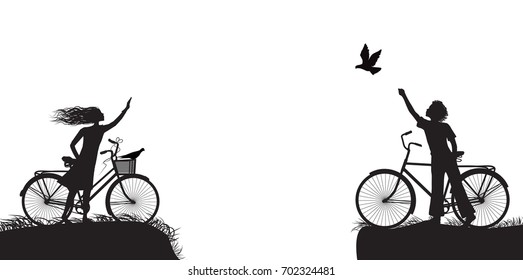 boy and girl on bicycle waving each other and boy frees the pigeon, two lovers on the bicycle, black and white vector