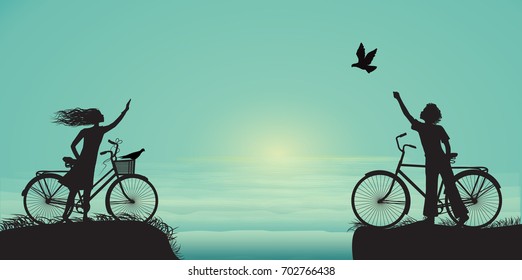 boy and girl on bicycle waving each other and boy frees the pigeon, two lovers on the bicycle near the sea, vector