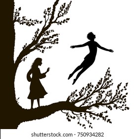 boy and girl on the big tree,  tree of childhood, childhood memory, way to  the wonderland, vector. 