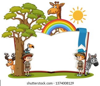 Boy and girl on blank book banner illustration