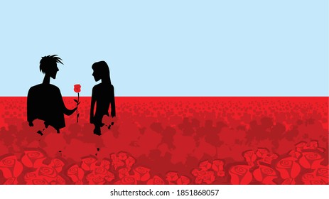 Boy and girl on a field of red roses. An endless sea of red flowers. Vector image for illustrations.