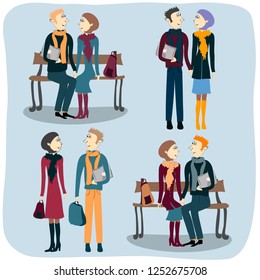 boy and girl on a gray-blue background, students, with a laptop in hand. On the bench. Dressed in warm clothes with scarves - vector illustration, isolated