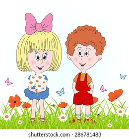 boy and girl on a green meadow with flower, illustration,vector.
