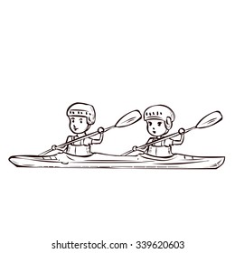 Boy and girl on a kayak. Hand drawn cartoon vector illustration.