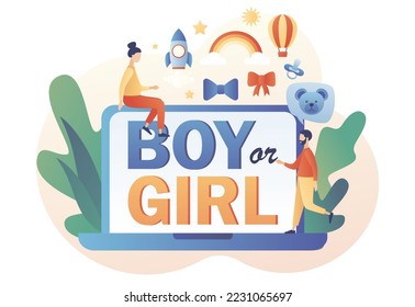 Boy or Girl on laptop screen. Gender reveal party. Baby shower celebration. Modern flat cartoon style. Vector illustration on white background
