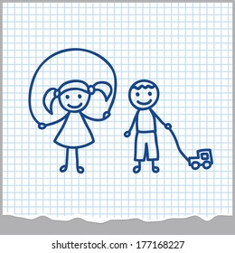 Boy and girl  on paper sheet (kid's doodles)