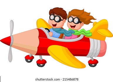 Boy and girl on a pencil airplane