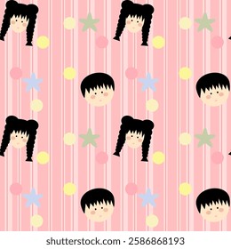 Boy and girl on pink  background, pink lines, fabric pattern, gift wrapping paper, notebook cover, phone case , seamless pattern 