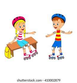 boy and girl on roller skates, illustration, vector