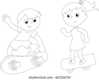 Boy and girl on skateboard in town, black and white vector illustration
