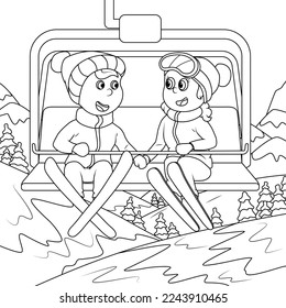 The boy and girl are on the ski lift in the mountains. Coloring book for children. vector illustration