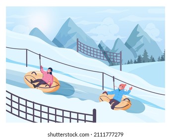 Muchacho y muchacha en tubo de nieve yendo cuesta abajo. Niños con ropa interior en tubos de nieve. Actividades deportivas en invierno extremo. Ilustración vectorial plana