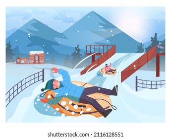 Boy and girl on snow tube riding downhill. Children in outwear snow tubing. Winter extreme sport activities. Flat vector illustration