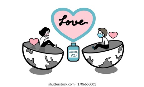 boy and girl are on their separated half world, got love heart between them