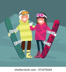 Boy and girl on top with snowboard young and happy couple snowboarders Vector illustration flat design