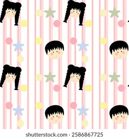 Boy and girl on white background, pink lines, fabric pattern, gift wrapping paper, notebook cover, phone case , seamless pattern 