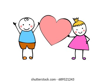 Boy and girl (or man and woman) with heart. Little people in the children's style. Vector couple