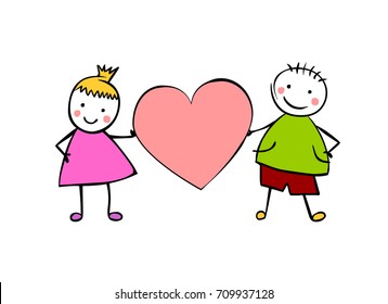 Boy and girl (or man and woman) with heart. Little people in the children's style. Vector couple
