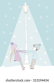boy and girl out in the snow, vector illustration