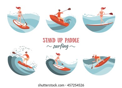 Boy and Girl Paddle Boarding on the Waves. Set of Illustrations.