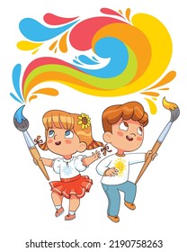 Boy and girl painting a big colorful splash with a brush. Colorful cartoon characters. Funny vector illustration. Isolated on white background