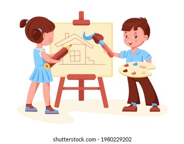 A boy and a girl are painting on an easel. Vector illustration in cartoon style. Isolated on a white background.