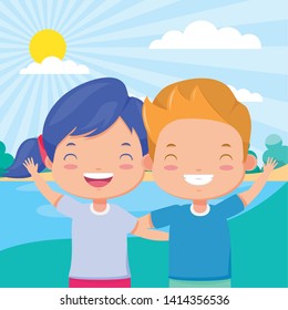 boy and girl in the park - kids zone vector illustration