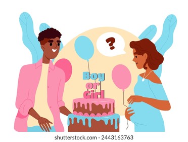 Boy or girl party concept. Man near pregnant woman near colorful air ballons and cake. Holiday and event. Gender reveal. Cartoon flat vector illustration isolated on white background