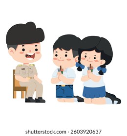 Boy and girl is paying respect with teacher student