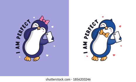 A boy and a girl penguins are taking a selfie. Cartoonish animals with a telephones and lettering phrase. Good for family look designs, t-shirts, clothes, stickers, etc. Vector illustration