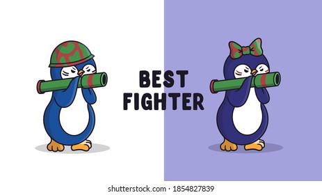 Boy and girl penguins warriors. Cartoonish animal characters with a lettering phrase - Best fighter. Good for t-shirts, clothes, designs, etc. Vector illustration