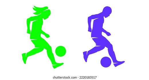 Boy and girl performing exercise dribbling ball playing soccer football