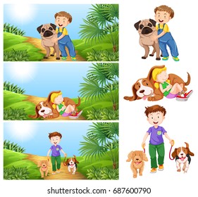 Boy and girl with pet dogs illustration