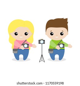Boy and girl photographer cartoon style. Set of cute cartoon children in professions. Vector illustration