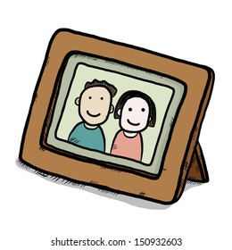 boy and girl picture in wooden frame / cartoon vector and illustration, isolated on white background.