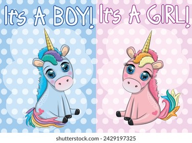 Boy and girl. Pink and blue unicorn. Children's invitation card. Holiday newborn, pregnancy