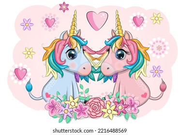 Boy and girl, pink and blue unicorns with heart, Valentine's day greeting card.