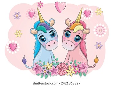 Boy and girl, pink and blue unicorns with heart, Valentine's day greeting card