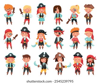 Boy and Girl Pirate Character in Costume Play Game Vector Set