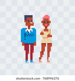 Boy and girl. Pixel art style characters. Game assets. Fashionable youth. 8-bit. Isolated vector illustration.