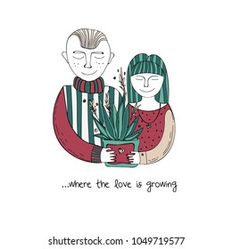 boy and girl with plant in pot, happy couple with flowers