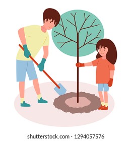 Boy and girl plant a tree. Brother and sister gardening together. Vector illustration in flat style on white isolated background.